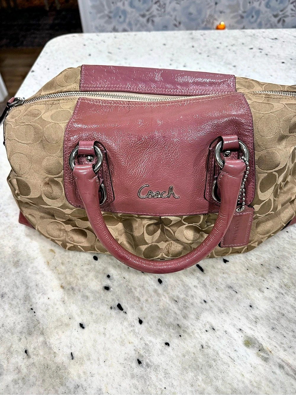 Coach Signature Stripe Satchel F21950 Brown & Pink